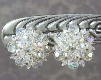 Vintage Clear Crystal AB Beaded Cluster Silver Clip On Earrings
