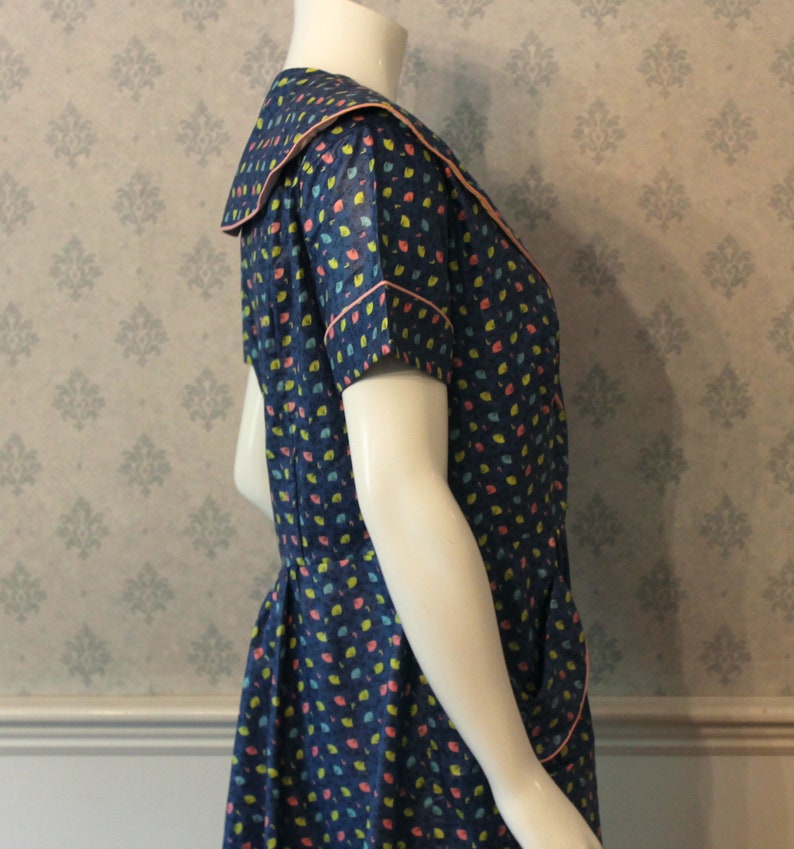 Vintage Mid Century 1950s Novelty Print Blue, Yellow and Pink County Fair Originals House Dress image 4