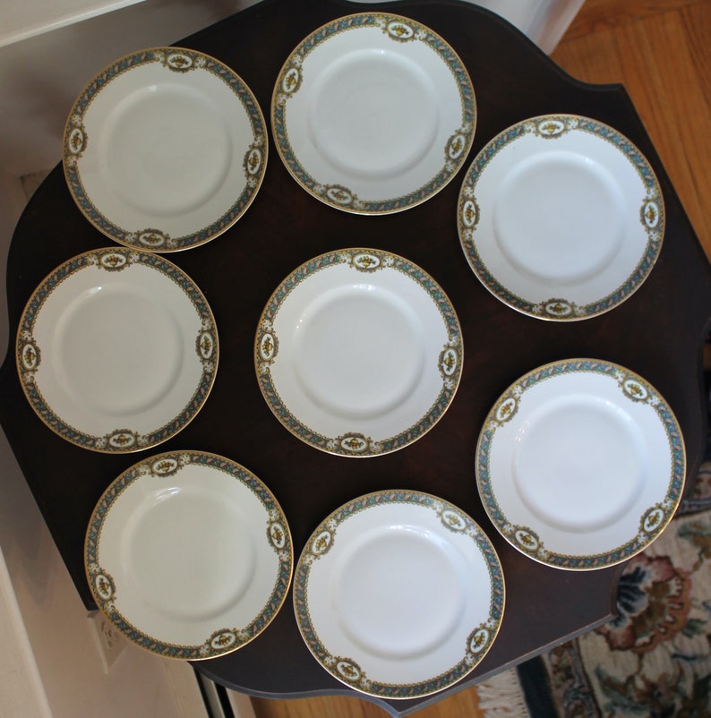 Vintage Limoges Bernardaud & Co. Blue, Yellow, Green and Gold Gilt Set of 9 Dessert Size Plates image 2