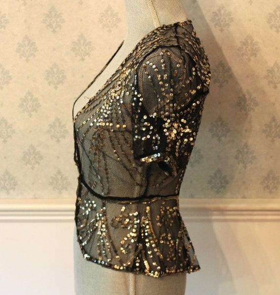 Vintage 1930s Black Net Lace & Gold Sequin Short … - image 3