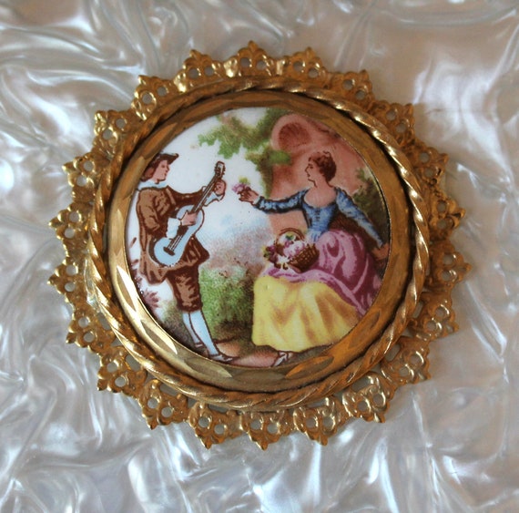 Vintage Grey Mirrored Cameo with Gold Tone Filigree Frame