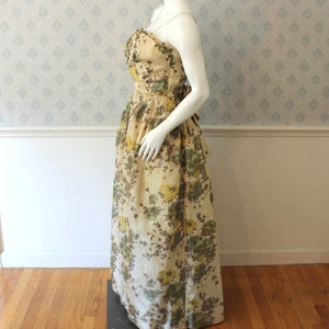 Vintage 1950s to 1960s Rita Thornton Yellow and Green Floral Silk Spaghetti Strap Evening Gown or Dress image 7