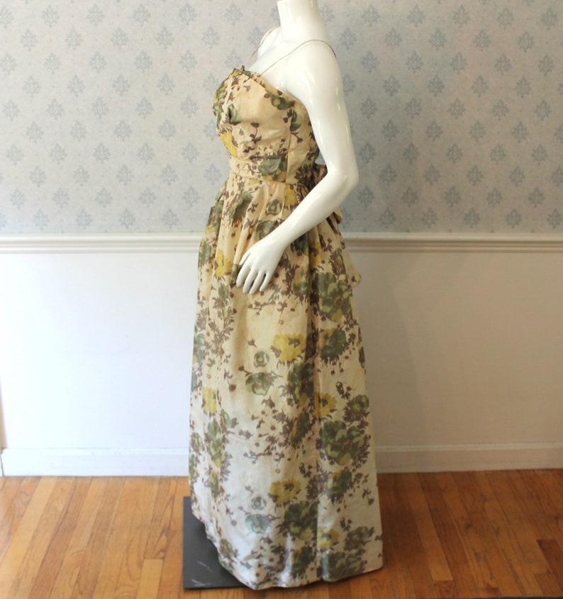 Vintage 1950s to 1960s Rita Thornton Yellow and Green Floral Silk Spaghetti Strap Evening Gown or Dress image 7