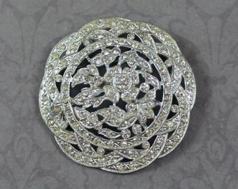 Vintage Round Floral  Clear Rhinestone Pot Metal Brooch