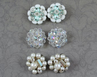 Lot of 3 Pairs of Vintage Crystal, Faux Pearl and Beaded Round Button Clip On Earrings