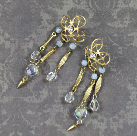 Vintage Gold, Opaline and Clear Crystal Beaded Da… - image 3
