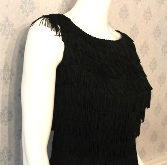 Vintage 1950s to 1960s Black Crepe Fringe Sleevel… - image 5