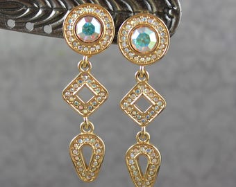 Vintage Swarovski Clear AB Rhinestone Crystal Gold Tone Triple Drop Dangling Clip On Earrings