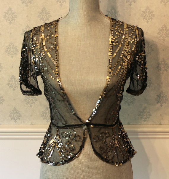 Vintage 1930s Black Net Lace & Gold Sequin Short … - image 1