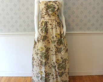 Vintage 1950s to 1960s Rita Thornton Yellow and Green Floral Silk Spaghetti Strap Evening Gown or Dress