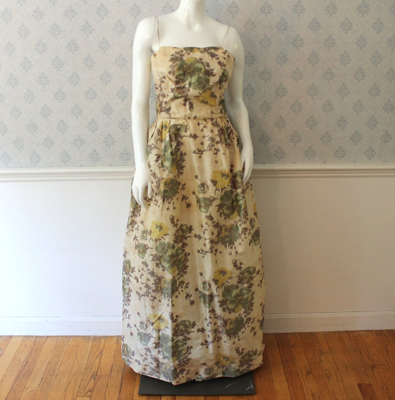 Vintage 1950s to 1960s Rita Thornton Yellow and Green Floral Silk Spaghetti Strap Evening Gown or Dress image 1