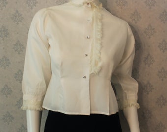 Vintage White Nylon and Lace Trimmed 3/4 Sleeve Women's Blouse