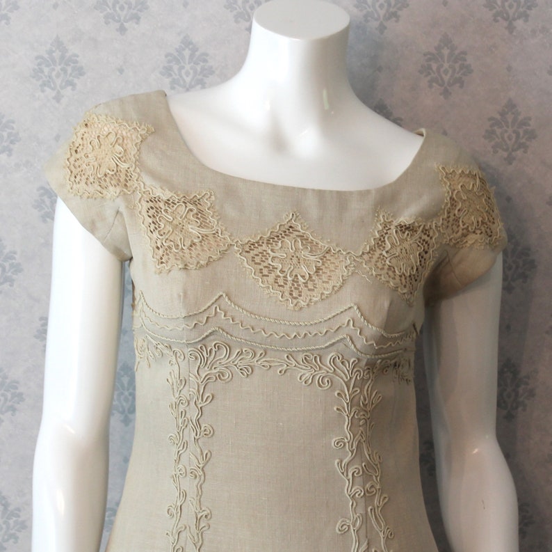Vintage Beige Linen and Appliquéd Lace 1950s to 60s Rita Thornton Pencil or Wiggle Dress image 2