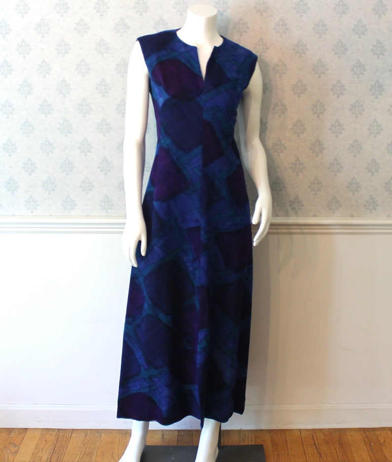 Vintage 1960s to 70s Purple, Fuchsia, Blue and Teal Abstract Printed Long Sleeveless Dress image 1