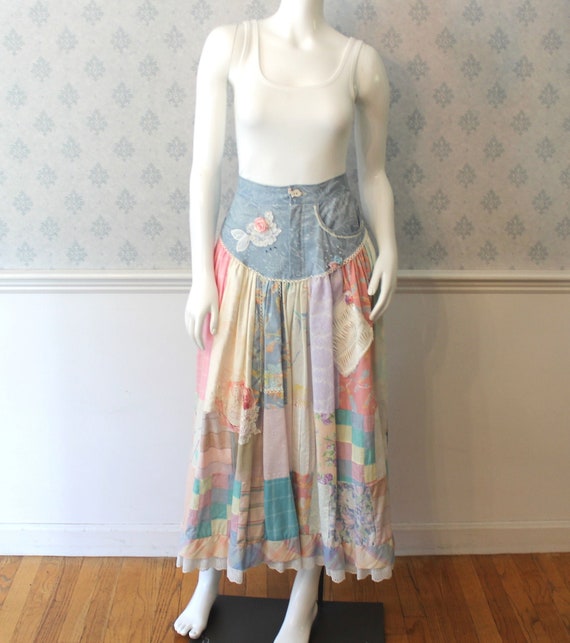 Vintage 1980s Patchwork, Demin and Lace Skirt