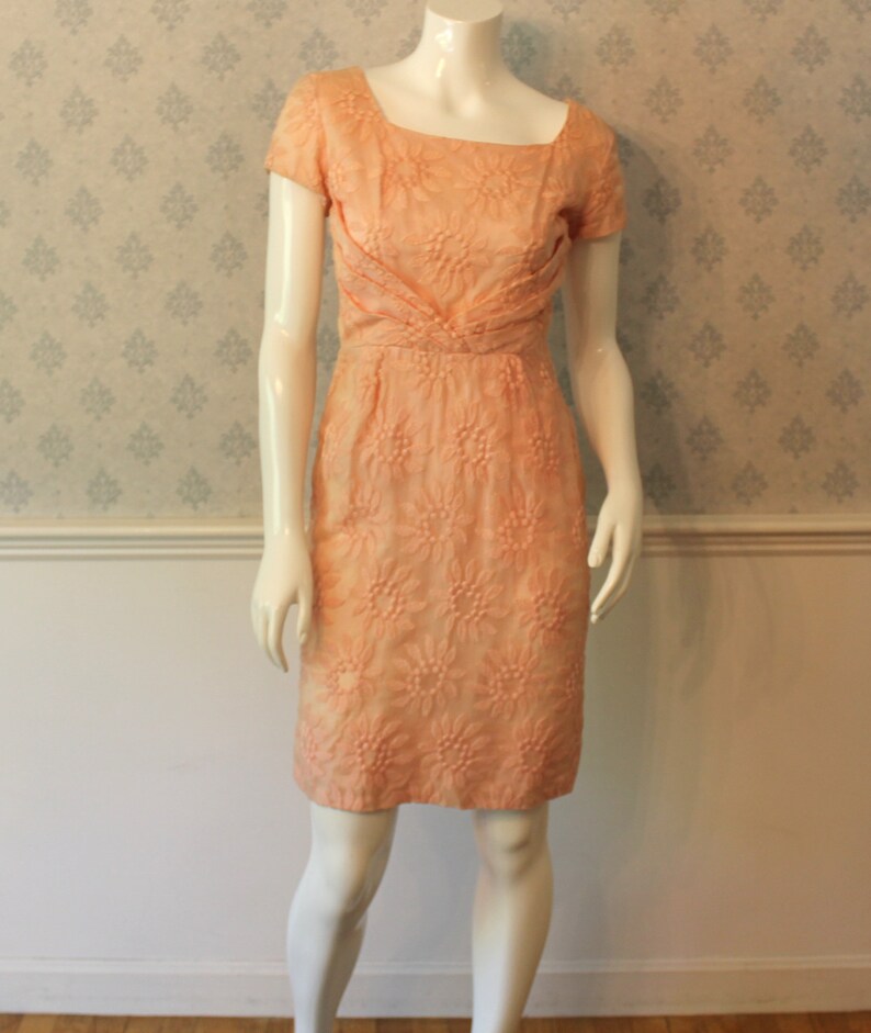 Vintage 1960s Jefri Peachy Pink Floral Overlay Short Sleeve Wiggle Dress image 1