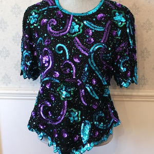 Vintage 1990s Lawrence Kazar Black, Teal and Purple Beaded and Sequin Short Sleeve Women&#39;s Silk Top Size L