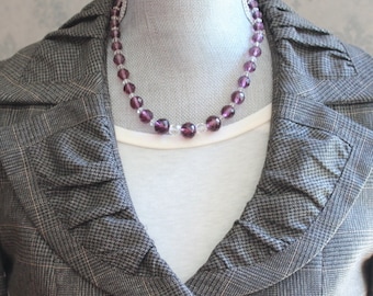 Vintage Graduated Deep Purple Amethyst & Clear Faceted Glass Beaded Necklace