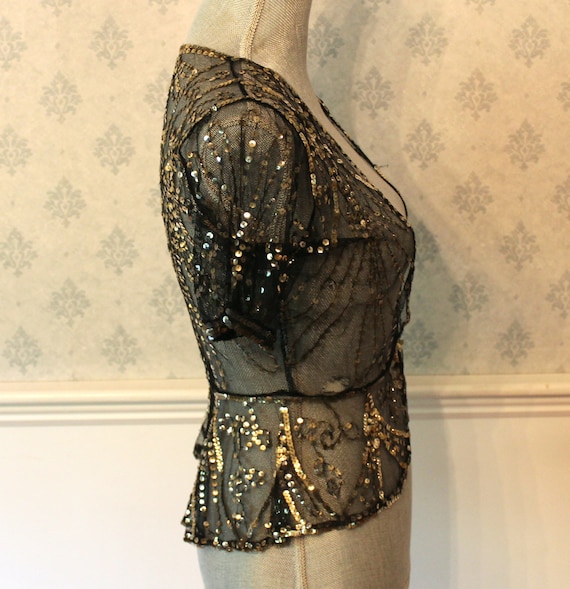 Vintage 1930s Black Net Lace & Gold Sequin Short … - image 2