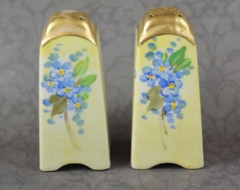 Vintage Blue Floral, Yellow and Gold Gilt Hand Painted Porcelain Salt and Pepper Shakers