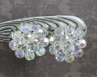 Vintage Clear Crystal AB Beaded Silver Clip On Earrings