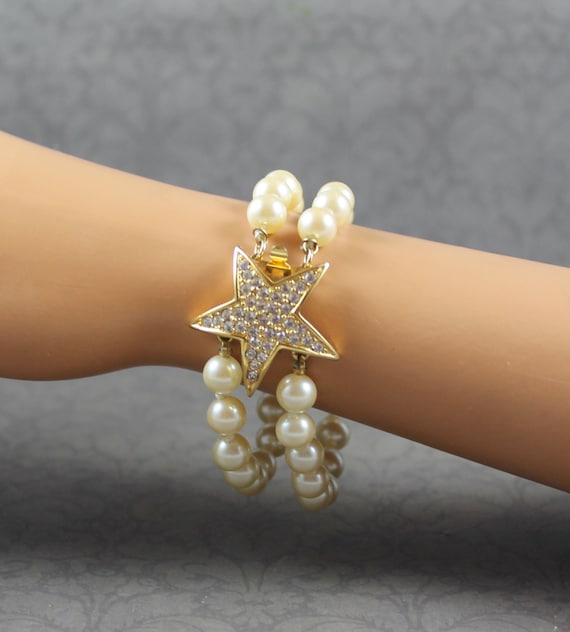 Vintage Designer Swarovski Crystal Star Gold Rhinestone Double