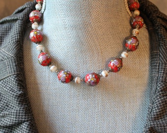 Vintage Red, White and Copper Venetian Wedding Cake Beaded Glass Necklace