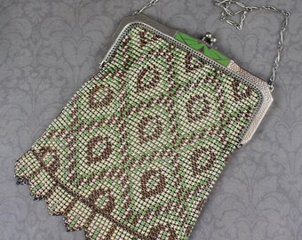 Vintage 1920s to 1930s Whiting & Davis Art Deco Green, Peach, Brown and Ivory Enamel Mesh Silver Tone Purse