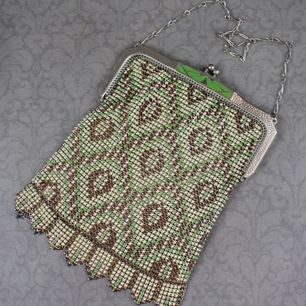 Vintage 1920s to 1930s Whiting & Davis Art Deco Green, Peach, Brown and Ivory Enamel Mesh Silver Tone Purse