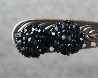Vintage Pair of Black Beaded Cluster Round Clip On Earrings