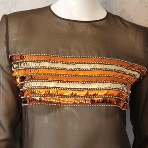 Vintage 1970s Brown Sheer Orange and Gold Sequin Long Sleeve Top image 2