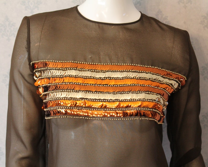 Vintage 1970s Brown Sheer Orange and Gold Sequin Long Sleeve Top image 2