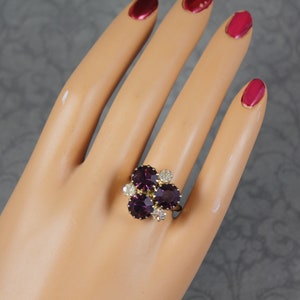Vintage Triple Amethyst Purple and Clear Rhinestone Adjustable Gold Tone Cocktail Ring