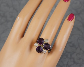 Vintage Triple Amethyst Purple and Clear Rhinestone Adjustable Gold Tone Cocktail Ring