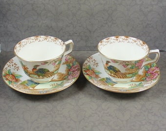 Pair of Vintage Sutherland China Exotic Bird Demi Tasse Cups and Saucers Sets
