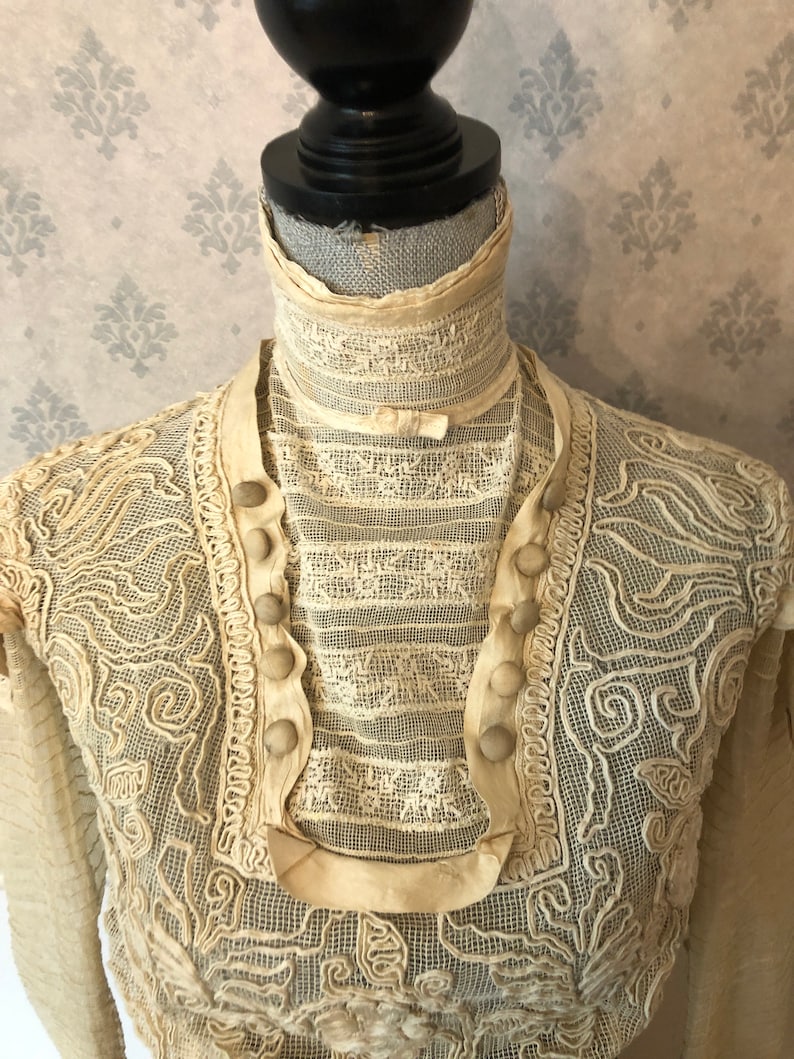 Antique Edwardian 1900s Soutache Net Lace High Neck Blouse image 3