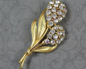 Vintage Clear Rhinestone Double Flower Brushed Gold Leaf Brooch