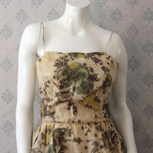 Vintage 1950s to 1960s Rita Thornton Yellow and Green Floral Silk Spaghetti Strap Evening Gown or Dress image 2