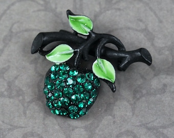 Vintage JJ Green Rhinestone Japanned Black Enameled Apple Brooch