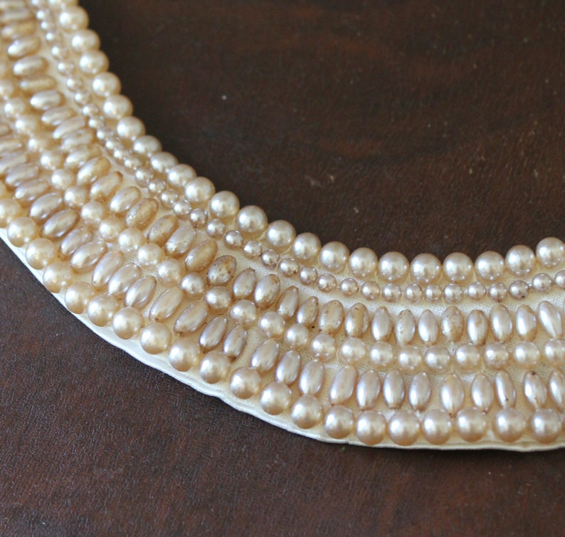 Vintage Glenter Japanese Faux Pearl Beaded Ivory Satin Collar image 3