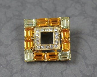Vintage Bright Yellow, Orange and Clear Rhinestone Gold Tone Small Square Brooch