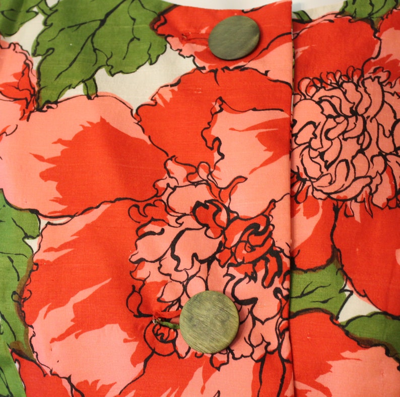 Vintage 1950s to 1960s Red, Pink & Green Bright Floral Print Silk Matching Pencil Dress and Short image 8