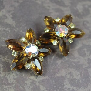Vintage Topaz and Clear AB Crystal Rhinestone Open Back Gold Tone Star or Flower Clip On Earrings image 3