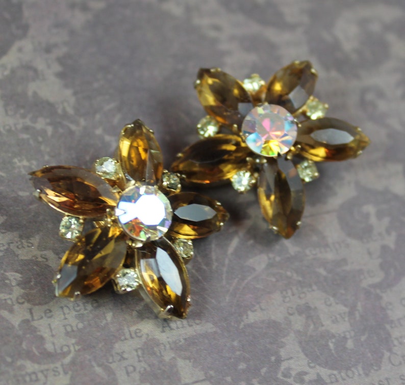 Vintage Topaz and Clear AB Crystal Rhinestone Open Back Gold Tone Star or Flower Clip On Earrings image 3