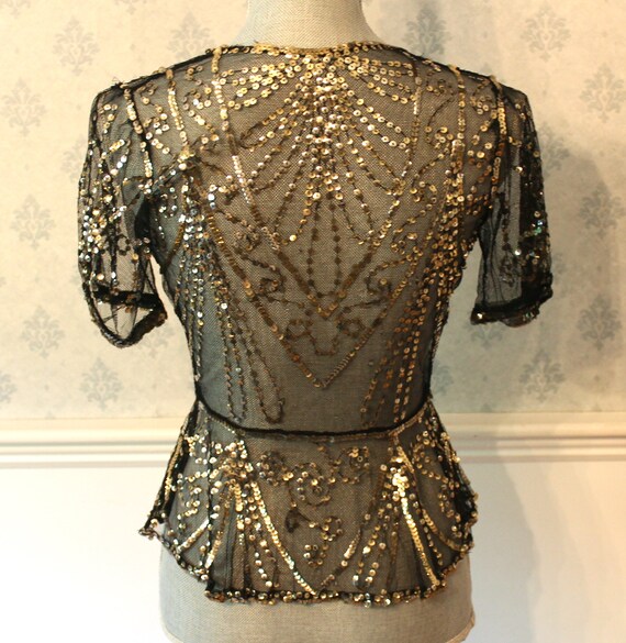 Vintage 1930s Black Net Lace & Gold Sequin Short … - image 7