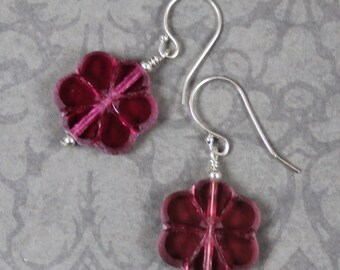 Pink and Sterling Silver Beaded Czech Glass Round Flower Drop Earrings