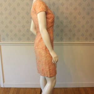 Vintage 1960s Jefri Peachy Pink Floral Overlay Short Sleeve Wiggle Dress image 3