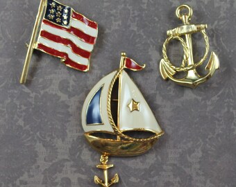 Lot of 3 Gold Tone Enamel American Flag and Nautical Themed Brooches