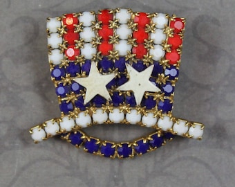 Vintage Uncle Sam USA Patriotic Red, White and Blue Matte Rhinestone Gold Double Star Top Hat Brooch