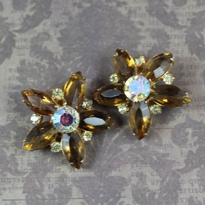 Vintage Topaz and Clear AB Crystal Rhinestone Open Back Gold Tone Star or Flower Clip On Earrings image 1